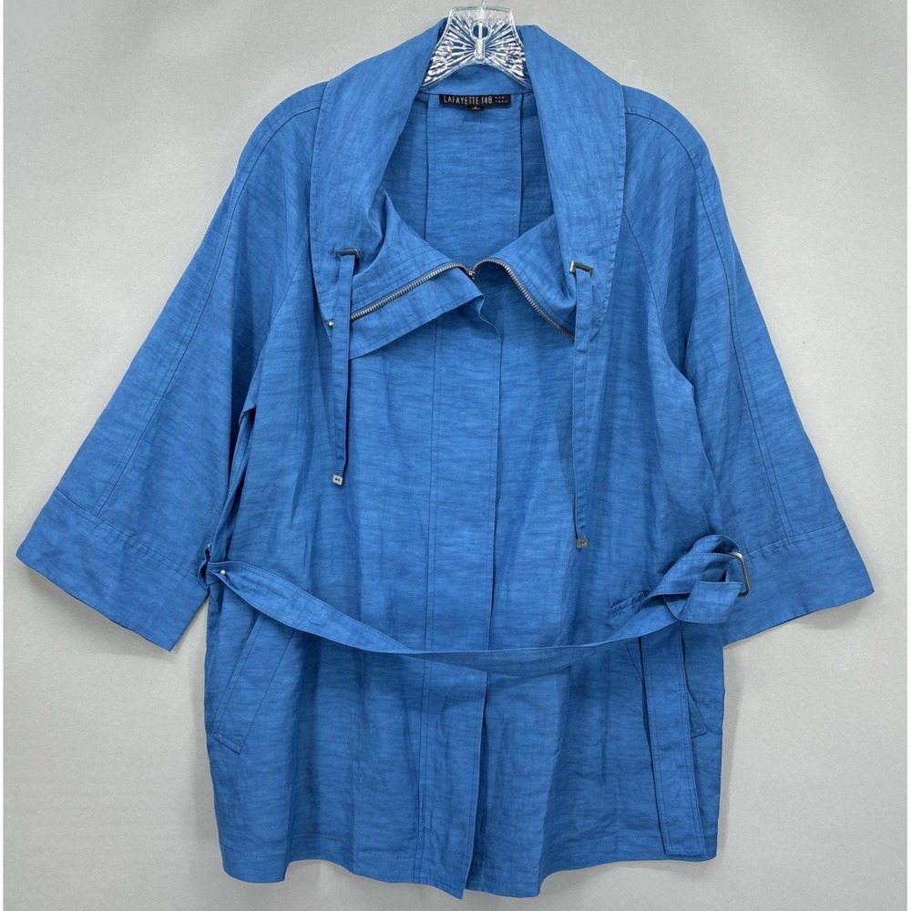 Lafayette 148 Jacket Womens 8 Blue‎ Linen Cupro Belted Full Zip 3/4 Sleeve Coat